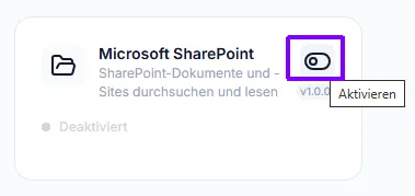 Verbindungs-Kachel „Microsoft SharePoint" im Zustand „Deaktiviert" mit hervorgehobenem Ein-/Aus-Schalter „Aktivieren"