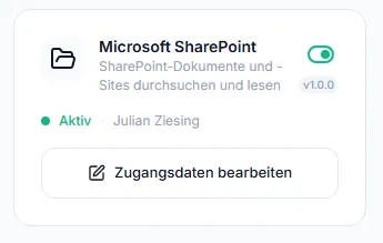Verbindungs-Kachel „Microsoft SharePoint" im Admin-Bereich mit dem Status „Aktiv", grünem Ein-/Aus-Schalter und der Schaltfläche „Zugangsdaten bearbeiten"