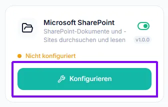 Verbindungs-Kachel „Microsoft SharePoint" mit dem Status „Nicht konfiguriert" und hervorgehobener Schaltfläche „Konfigurieren"