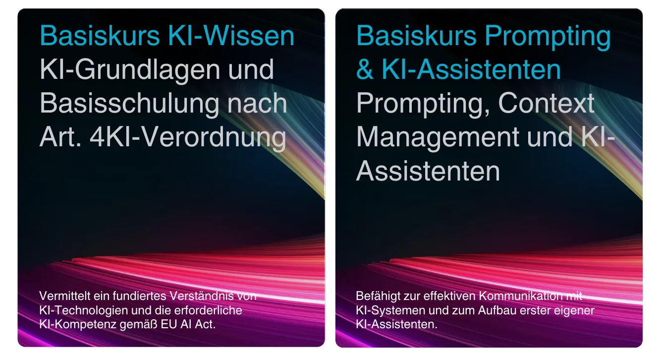 Übersicht der beiden Basiskurse: Basiskurs KI-Wissen und Basiskurs Prompting & KI-Assistenten