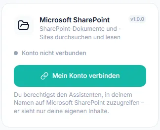 Verbindungs-Kachel „Microsoft SharePoint" in den persönlichen Einstellungen mit dem Status „Konto nicht verbunden" und der Schaltfläche „Mein Konto verbinden"