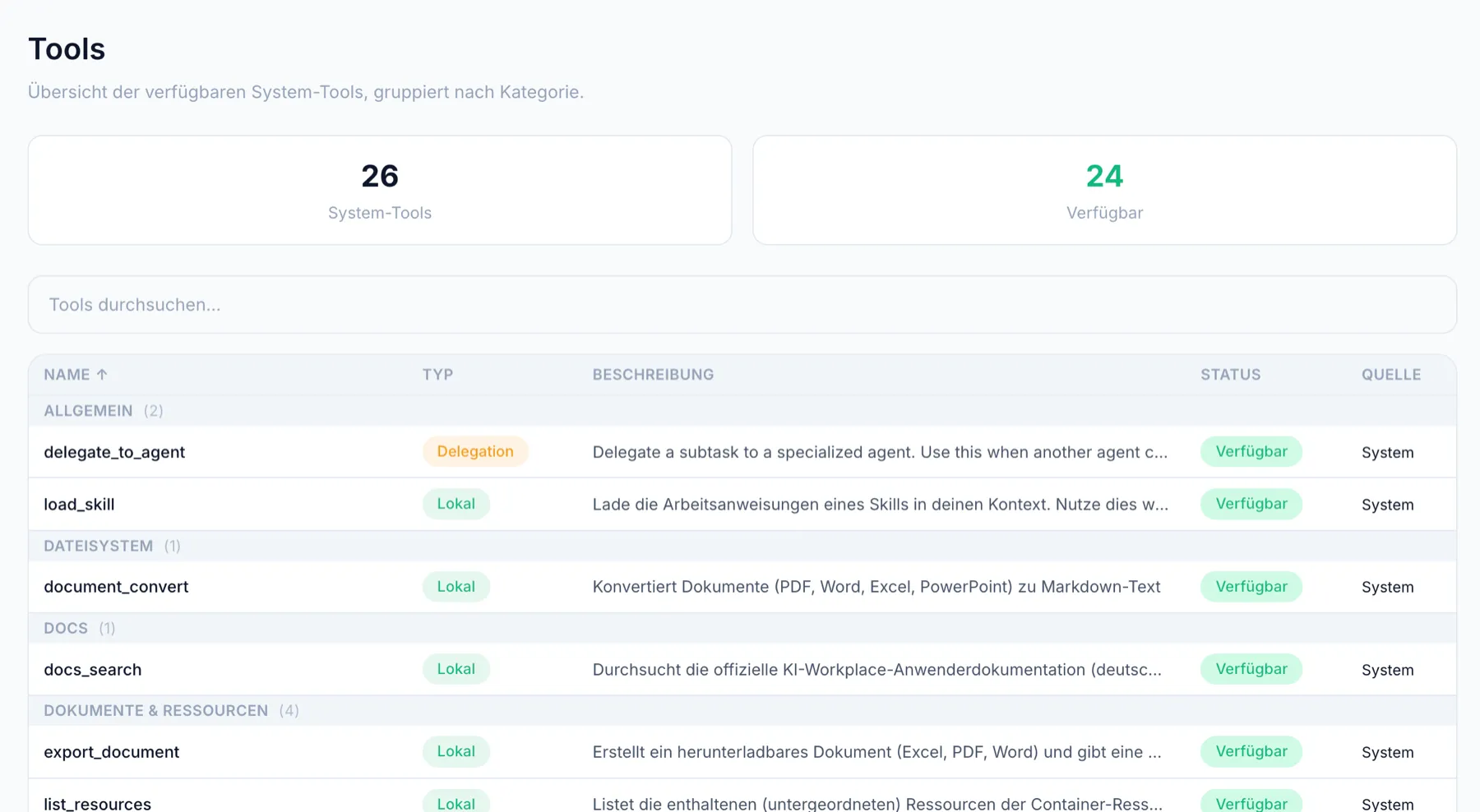 Tools-Übersicht mit Header „Tools“, Statistik-Karten (System-Tools, Verfügbar), Suchfeld und Tabelle der Tools, gruppiert nach Kategorie, mit den Spalten Name, Typ, Beschreibung, Status und Quelle