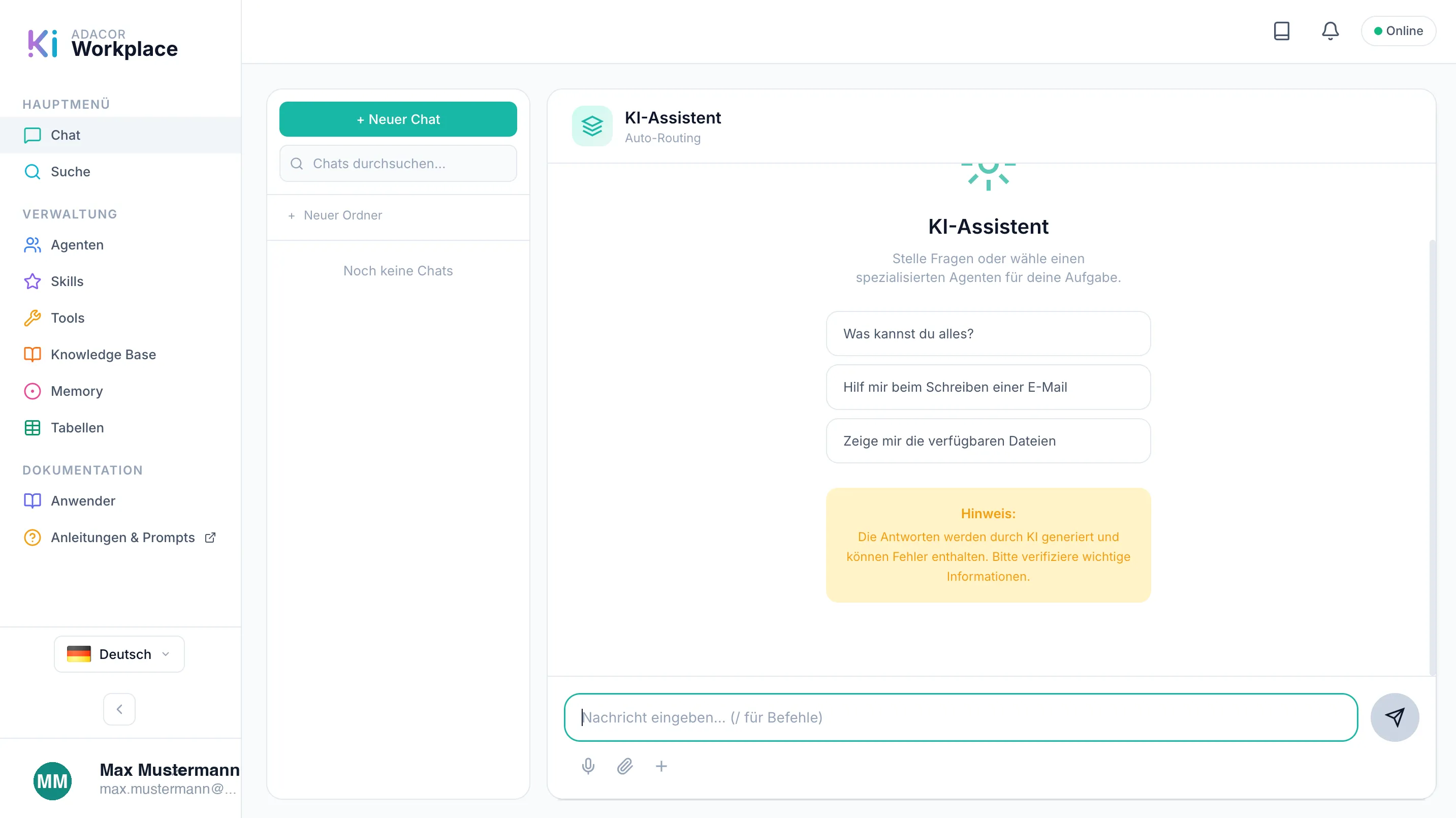 Übersicht KI-Workplace mit Hauptmenü links, Chat-Liste in der Mitte und geöffnetem Chat rechts