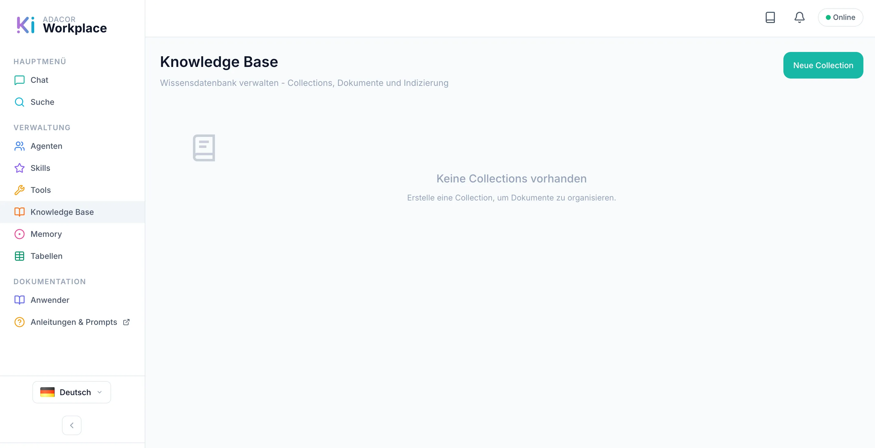 Übersicht der Knowledge Base: Hauptmenü links mit aktiviertem Knowledge-Base-Eintrag, Header „Knowledge Base“ mit Subtitle „Wissensdatenbank verwalten - Collections, Dokumente und Indizierung“, Button „Neue Collection“ oben rechts und Empty-State-Hinweis „Keine Collections vorhanden“