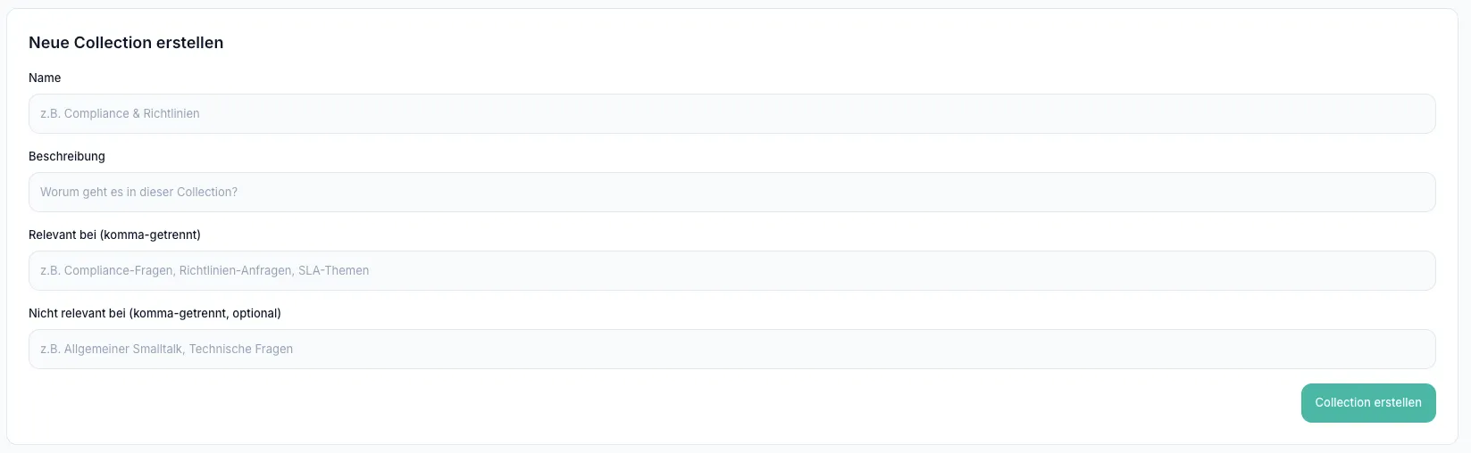 Formular „Neue Collection erstellen“ mit den Feldern Name, Beschreibung, „Relevant bei“ und „Nicht relevant bei“ sowie dem Button „Collection erstellen“