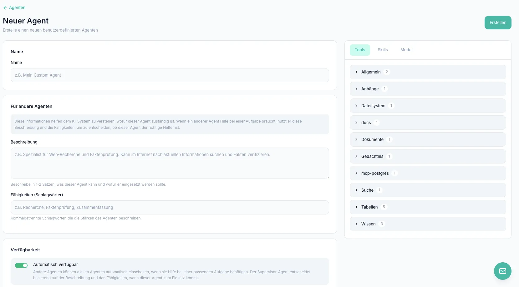 Builder „Neuer Agent“ mit den Feldern Name, „Für andere Agenten“ (Beschreibung und Fähigkeiten) und dem rechten Tab-Panel mit den Tabs Tools, Skills und Modell