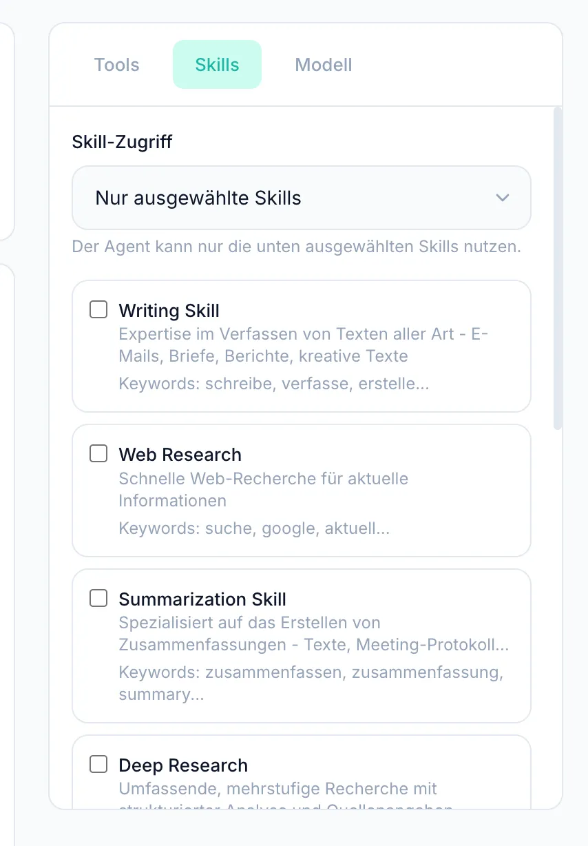 Skills-Tab im Agenten-Builder: Dropdown „Nur ausgewählte Skills“ und Checkbox-Liste mit Skills wie Writing Skill, Web Research, Summarization Skill und Deep Research samt Trigger-Keywords